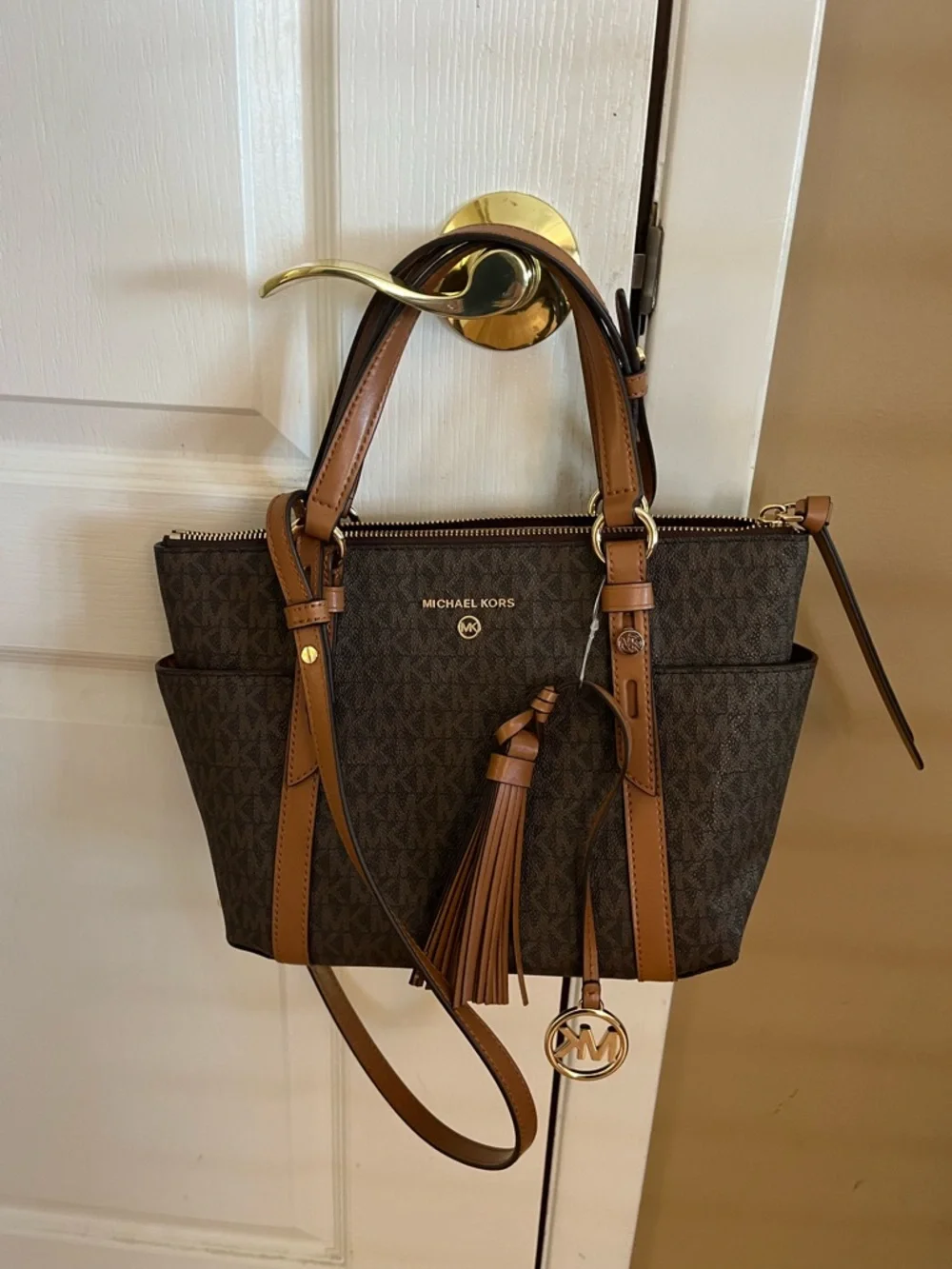 Michael Kors Brown Monogram Tote with Tan Leather Trim - Picture 5 of 5